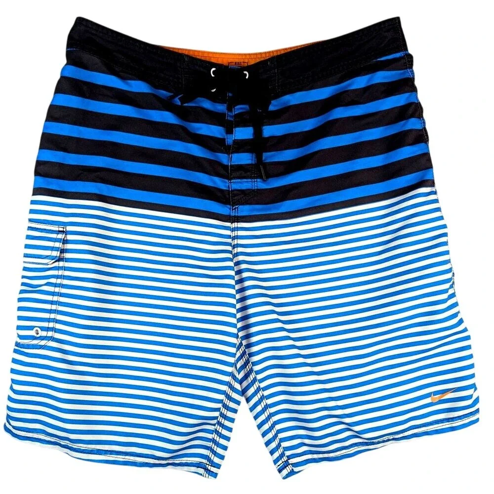 Nike Board Shorts Men's Blue Black White‎ Stripe Swim Trunks Size 36 Beach Surf